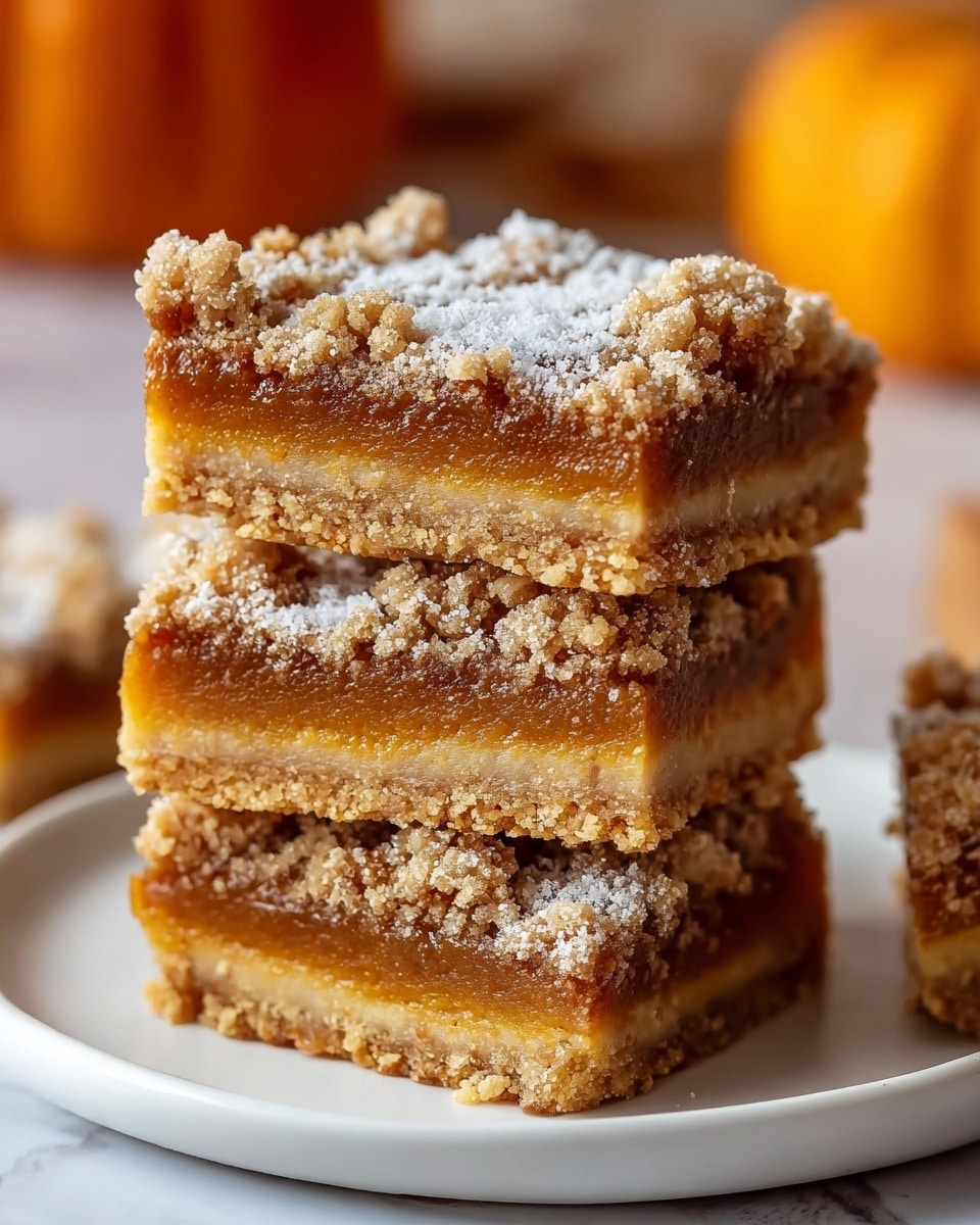 This image shows a stack of three square dessert bars on a white plate. Each bar has three layers: a thick, golden-brown crumbly base at the bottom, a smooth, deep orange filling in the middle, and a crumbly topping dusted with white powdered sugar. The crumbly top layer is light tan with a rough texture, contrasting with the smooth, shiny middle layer. The bars are neatly cut into squares, and the plate sits on a white marbled surface, with a blurred orange pumpkin in the background. Photo taken with an iphone --ar 4:5 --v 7