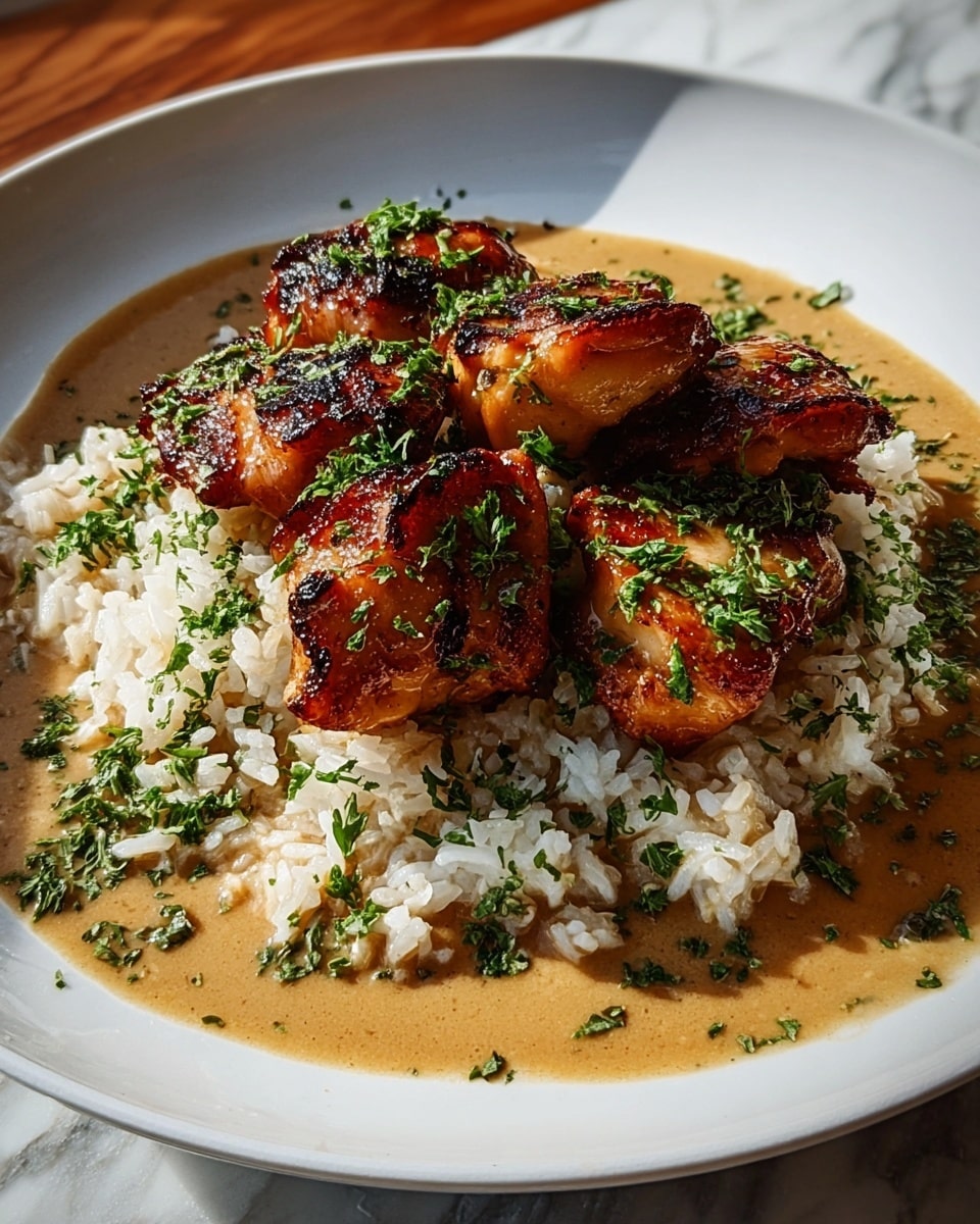 The dish shows a white plate filled with a base layer of cooked white rice with some sauce around it, keeping a soft and grainy texture. On top of the rice, there are four pieces of golden-brown grilled chicken thighs with a slightly crispy skin texture, covered in a light brown sauce that glistens under the light. The dish is sprinkled all over with finely chopped fresh green herbs, adding a fresh and colorful touch. Everything is placed on a white marbled surface, with natural light highlighting the details. photo taken with an iphone --ar 4:5 --v 7