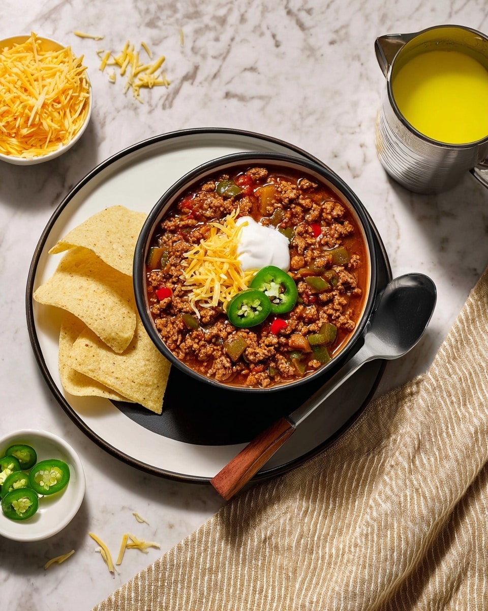 A bowl filled with rich chili, showing a thick texture of ground beef mixed with green and red bell peppers, sitting on a white plate with a black center. On top of the chili, there is a small pile of shredded yellow cheese, a dollop of white sour cream, and three slices of fresh jalapeño peppers. Next to the bowl on the plate are two crisp tortilla chips. To the right side of the plate lies a spoon with a wooden handle. Off to the side, there is a small white bowl filled with shredded cheese and some cheese strands scattered around it, and a silver cup filled with a bright yellow drink. The whole setting is placed on a white marbled surface with a striped beige and white cloth partially visible on the right. photo taken with an iphone --ar 4:5 --v 7