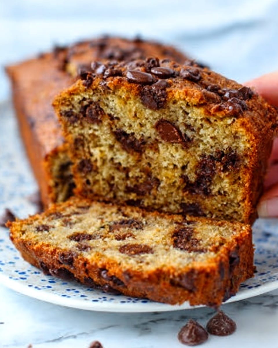 The image shows a thick slice of golden-brown chocolate chip banana bread with a slightly rough texture. The bread has several layers of rich, melted chocolate chips spread throughout, including on the top surface, which looks shiny and soft. The loaf appears moist and dense, with a few darker brown spots where the banana and chocolate bits are more concentrated. The slice is resting on a white plate with speckled details, all placed on a white marbled surface. A woman's hand is gently holding the plate from the side. Photo taken with an iphone --ar 4:5 --v 7