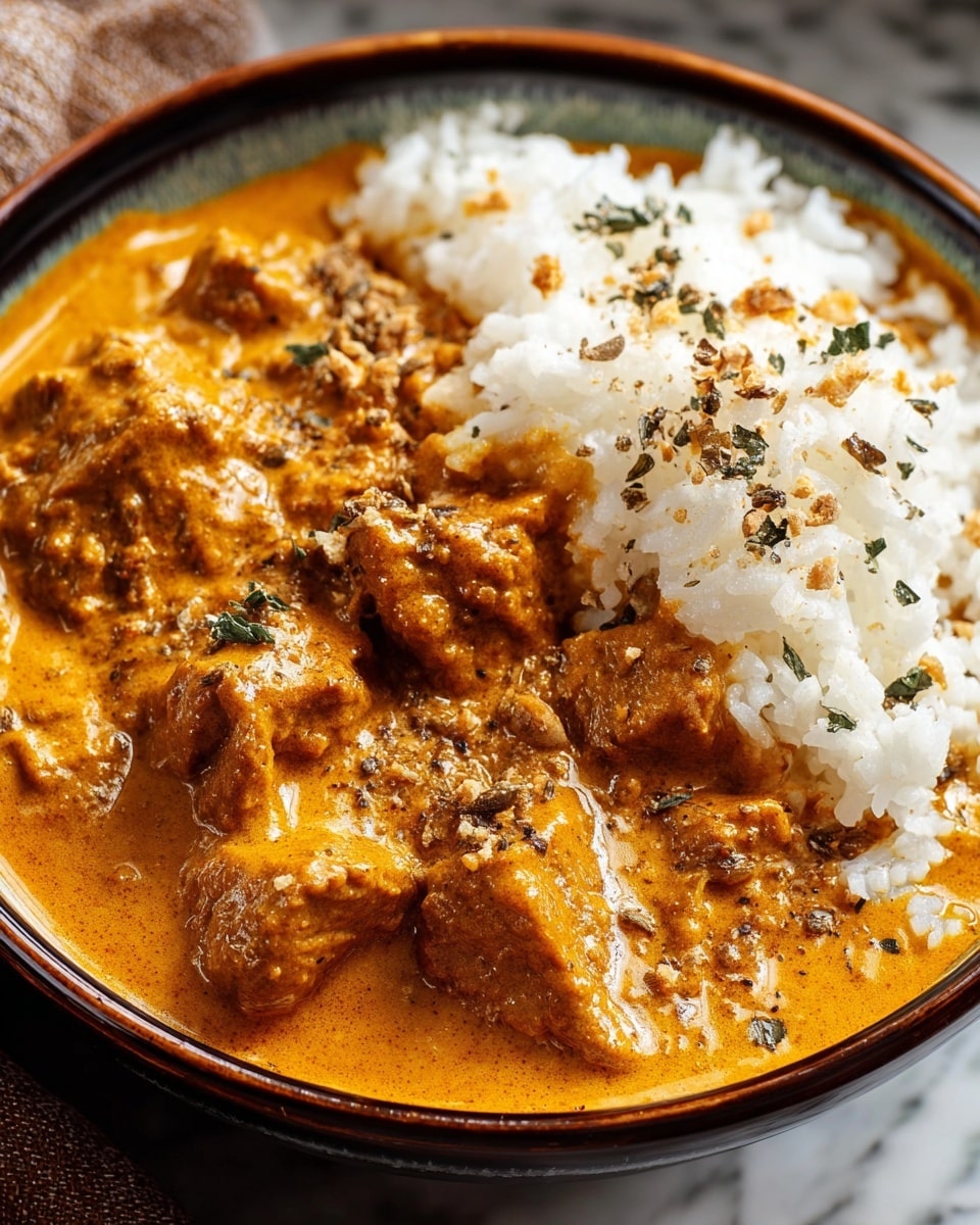A close-up of a bowl with two main layers: on the left side is fluffy white rice with a soft, grainy texture, and on the right side is creamy orange-brown curry filled with chunks of tender meat. The curry’s surface is smooth with some visible spices and herbs, including small green leaves and coarse black pepper sprinkled on top. The bowl is deep with a dark outer rim, sitting on a white marbled textured surface. photo taken with an iphone --ar 4:5 --v 7