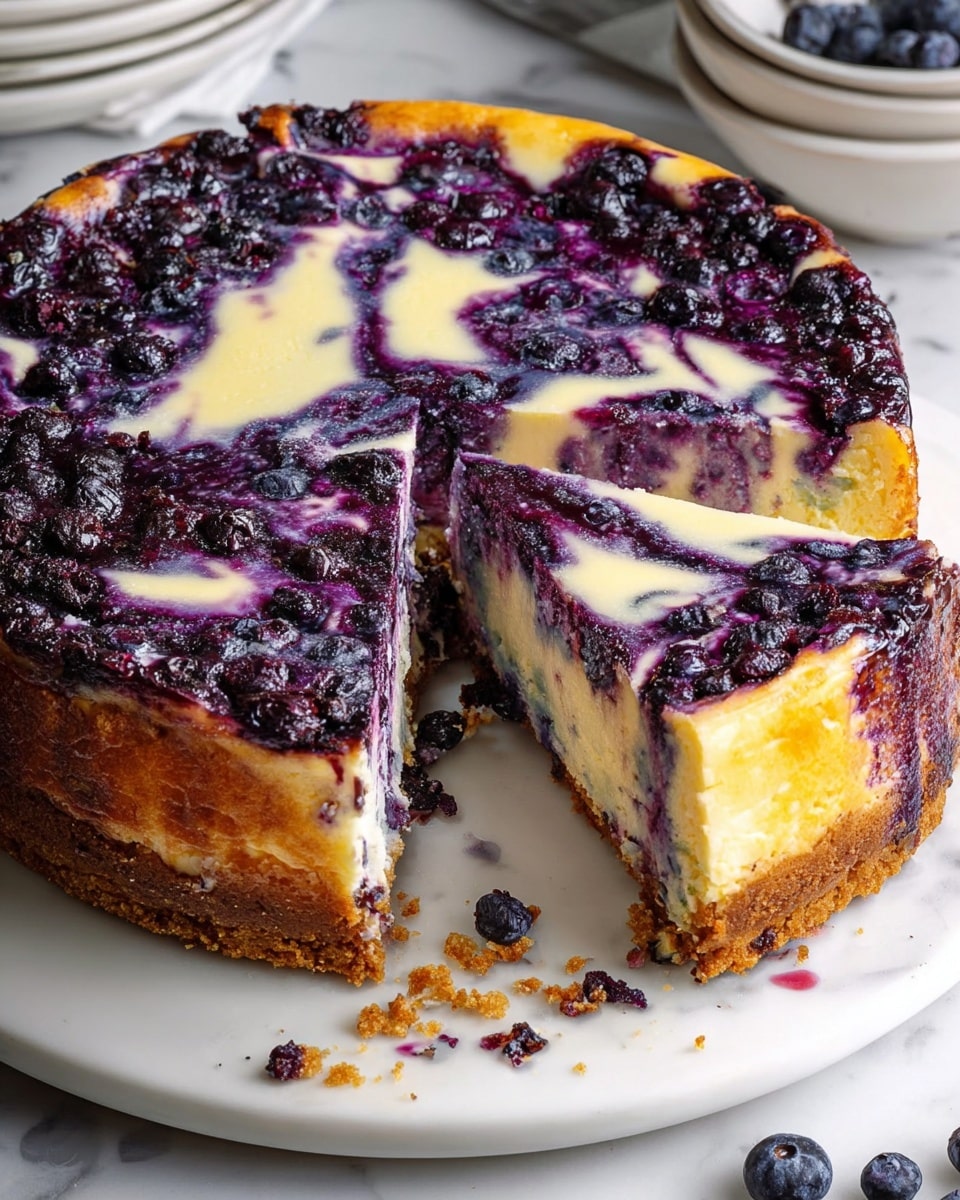 A round blueberry cheesecake with a rich, thick crust at the base, a deep purple blueberry layer above it filled with whole blueberries, and a creamy, light yellow cheesecake layer on top swirled with more blueberry sauce creating purple patterns. One slice is slightly pulled out, showing the distinct layers and the dense, moist texture of the cake. The cheesecake is on a white plate placed on a white marbled surface, with some scattered blueberries and crumbs around the plate. Photo taken with an iphone --ar 4:5 --v 7