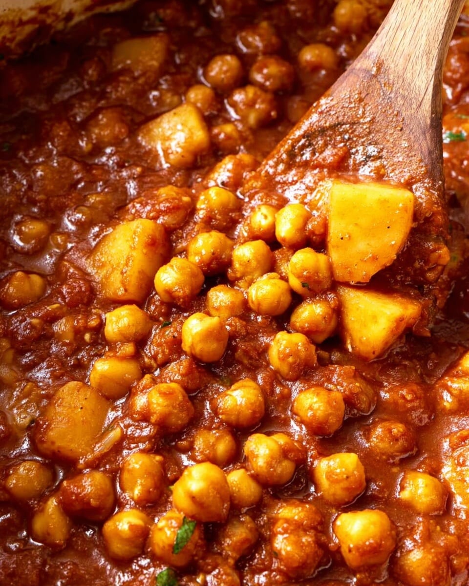 This close-up image shows a thick stew with three main layers: a rich, reddish-brown sauce that looks glossy and full of spices, a layer of small, round chickpeas scattered evenly throughout, and chunks of soft, golden-yellow potatoes mixed in. The stew has flecks of green herbs sprinkled lightly on top. A wooden spoon is partially dipped into the stew on the right side, coated with the thick sauce. The background is a white marbled texture. photo taken with an iphone --ar 4:5 --v 7