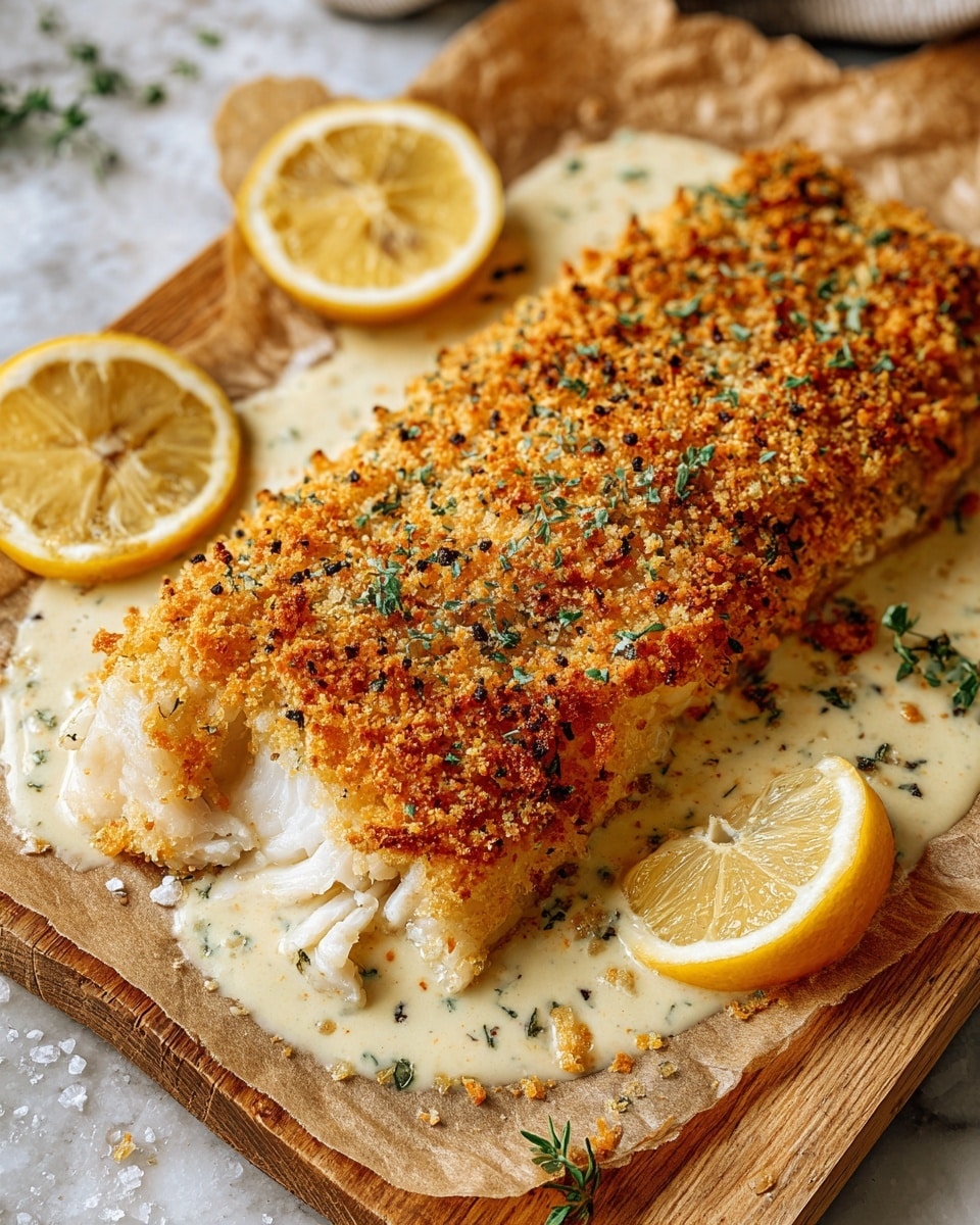 A rectangular piece of golden-brown baked salmon with a crispy herb crust, showing green flecks of herbs and rough breadcrumbs, is sliced into thick pieces. It sits on a white sauce that pools underneath the fish, adding a creamy, smooth texture contrast to the crunchy top. Around the salmon, there are several lemon wedges with a pale yellow and juicy look, placed on a white marbled textured surface. The salmon and sauce rest on a wooden board lined with brown parchment paper, creating a warm, rustic feel. photo taken with an iphone --ar 4:5 --v 7