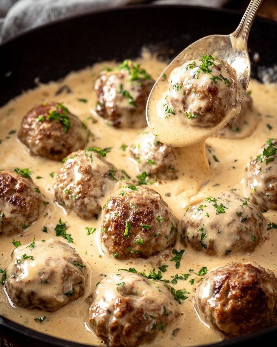 A close-up view of a black pan filled with about sixteen small, round meatballs covered in a thick, creamy beige sauce with herb bits sprinkled on top, and a metal spoon lifting three meatballs from the pan, showing their brown, slightly crispy texture under the sauce. The sauce looks smooth and glossy, with green herb pieces providing color contrast. The background is a white marbled texture. photo taken with an iphone --ar 4:5 --v 7