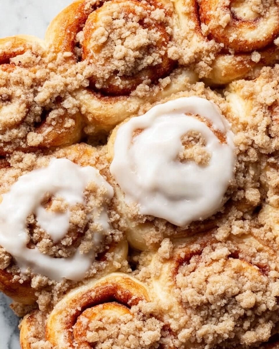 The image shows a tray of cinnamon rolls arranged closely together in neat rows. Each roll has a golden-brown spiral shape with a soft, fluffy texture and is topped with a crumbly streusel layer that adds a rough, grainy look. Three of the rolls in the center are generously covered with smooth, white icing that looks creamy and slightly glossy, contrasting with the crumb topping. The tray is set on a white marbled surface. Photo taken with an iphone --ar 4:5 --v 7
