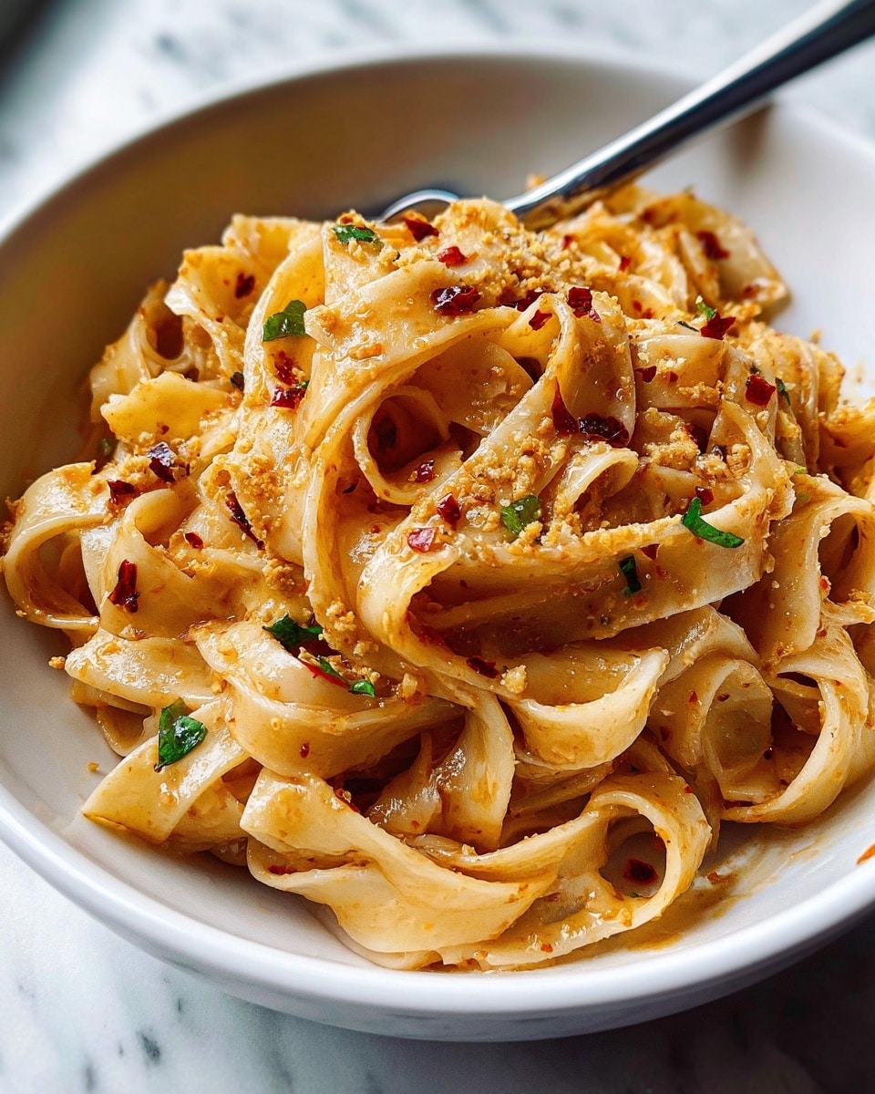 A close-up view of a bowl of thick fettuccine pasta, piled in soft, off-white ribbons layered loosely with a glossy, light brown sauce coating each strand. Small red chili flakes and specks of green herbs are scattered across the top, adding texture and color contrast. A light dusting of grated cheese or finely ground nuts provides a slightly grainy finish on the surface of the pasta. The dish sits in a white bowl with a metal fork resting inside, all placed on a white marbled surface. photo taken with an iphone --ar 4:5 --v 7
