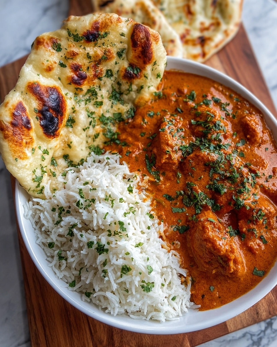 The image shows a white bowl filled with three main layers: the bottom right half contains rich orange curry with chunks of meat, speckled with chopped green herbs; the bottom left half is filled with white rice topped lightly with more green herbs; the top edge has two pieces of lightly browned naan bread sprinkled with chopped herbs leaning against the rice and curry. The bowl rests on a white marbled surface with blurred naan bread in the background. Photo taken with an iphone --ar 4:5 --v 7