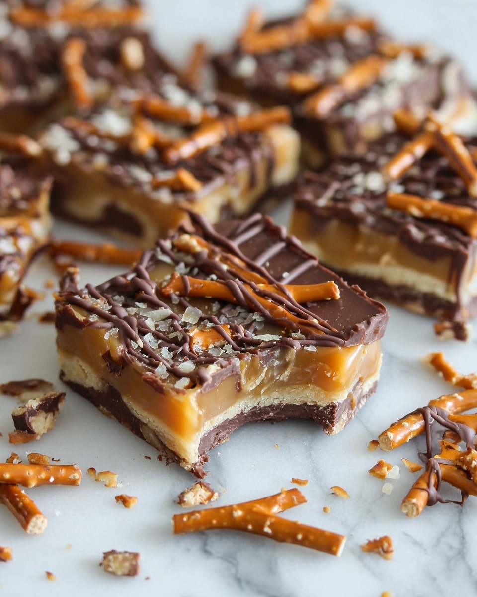 The image shows several square pieces of a dessert made with layers of pretzel sticks at the bottom, a thick layer of light brown caramel covering the pretzels, and a dark brown chocolate drizzle on top in a crisscross pattern. The texture looks glossy and sticky from the caramel, with the chocolate adding a smooth, slightly raised pattern. Some broken pieces and crumbs are scattered on a white marbled surface beneath the squares, and one piece near the center has a bite taken out of it, revealing the layered inside. Photo taken with an iphone --ar 4:5 --v 7