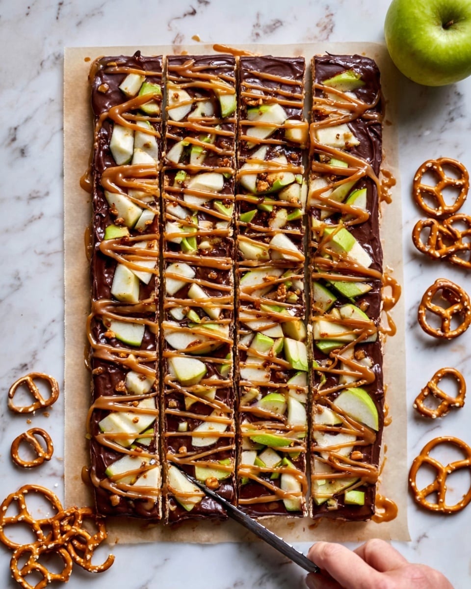 A rectangular flat dessert bar sits on a white marbled surface, cut into eight long pieces. The base layer is a thin pale crust. On top of it, there is a thick spread of melted dark brown chocolate covering the whole surface. Scattered on this are small, uneven chunks of green apple. Pretzels are placed all over, adding a crunchy texture with a shiny golden brown color. A zigzag drizzle of light brown caramel sauce covers the entire top, pulling all the layers together visually. A woman's hand holding a knife is about to cut the dessert from the bottom left corner. Nearby, there are loose pretzels and a whole green apple on the white marbled background. Photo taken with an iphone --ar 4:5 --v 7