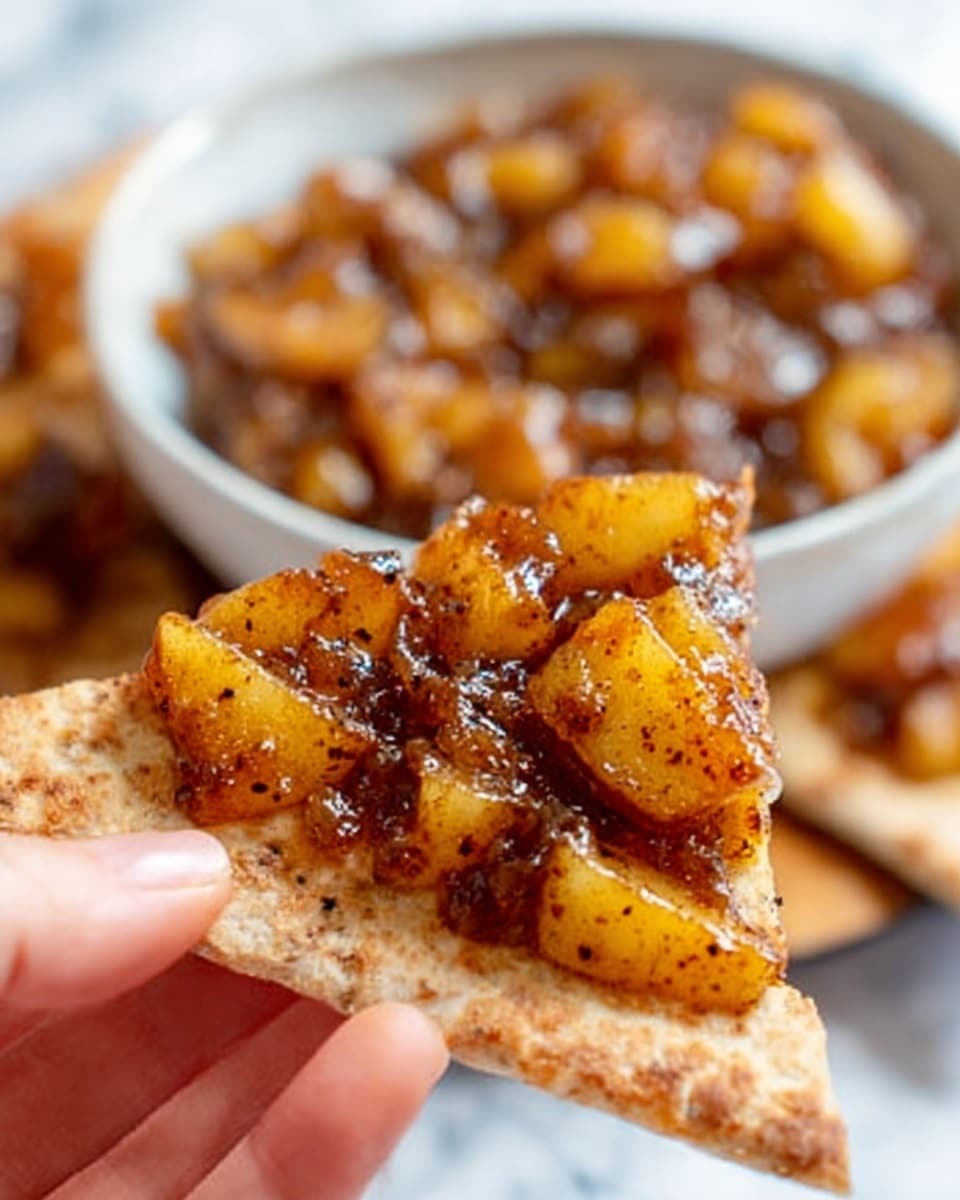 The image shows a close-up of a piece of light brown flatbread being held by a woman's hand with a textured surface showing some browning spots. On the flatbread is a chunky, glossy topping made of caramelized golden-brown apple pieces with dark specks of cinnamon or spices visible throughout. In the background, a white bowl filled with more of the same topping is slightly blurred. The scene is set on a white marbled surface. Photo taken with an iphone --ar 4:5 --v 7