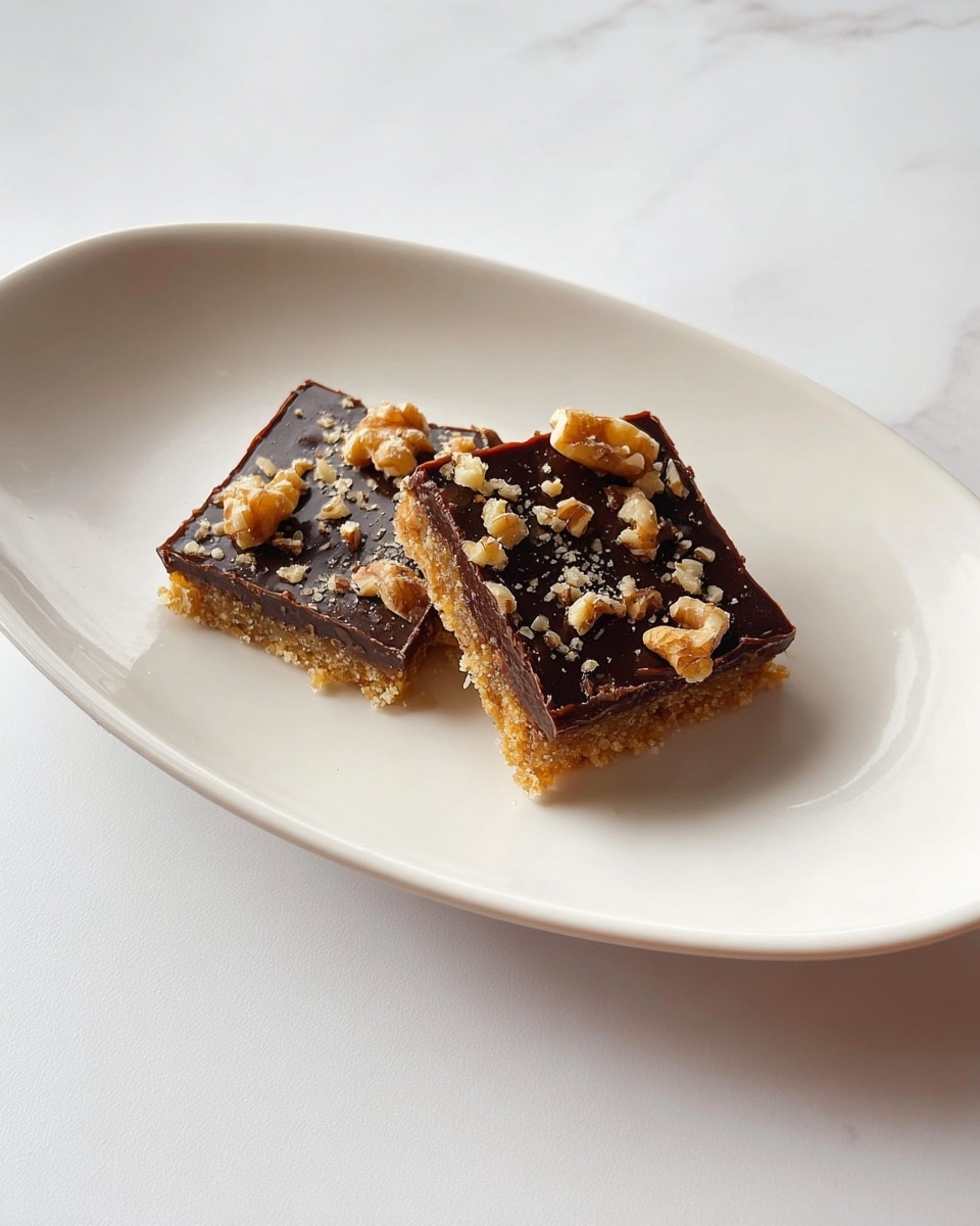 Two square pieces of dessert sit side by side on a large white oval plate. Each piece has a bottom layer of light golden brown crust with a slightly crumbly texture. On top, there is a thick dark brown chocolate layer, smooth but slightly uneven. Scattered over the chocolate are small chunks of light brown walnuts, adding a rough texture and some visual contrast. The plate is placed on a white marbled surface. photo taken with an iphone --ar 4:5 --v 7