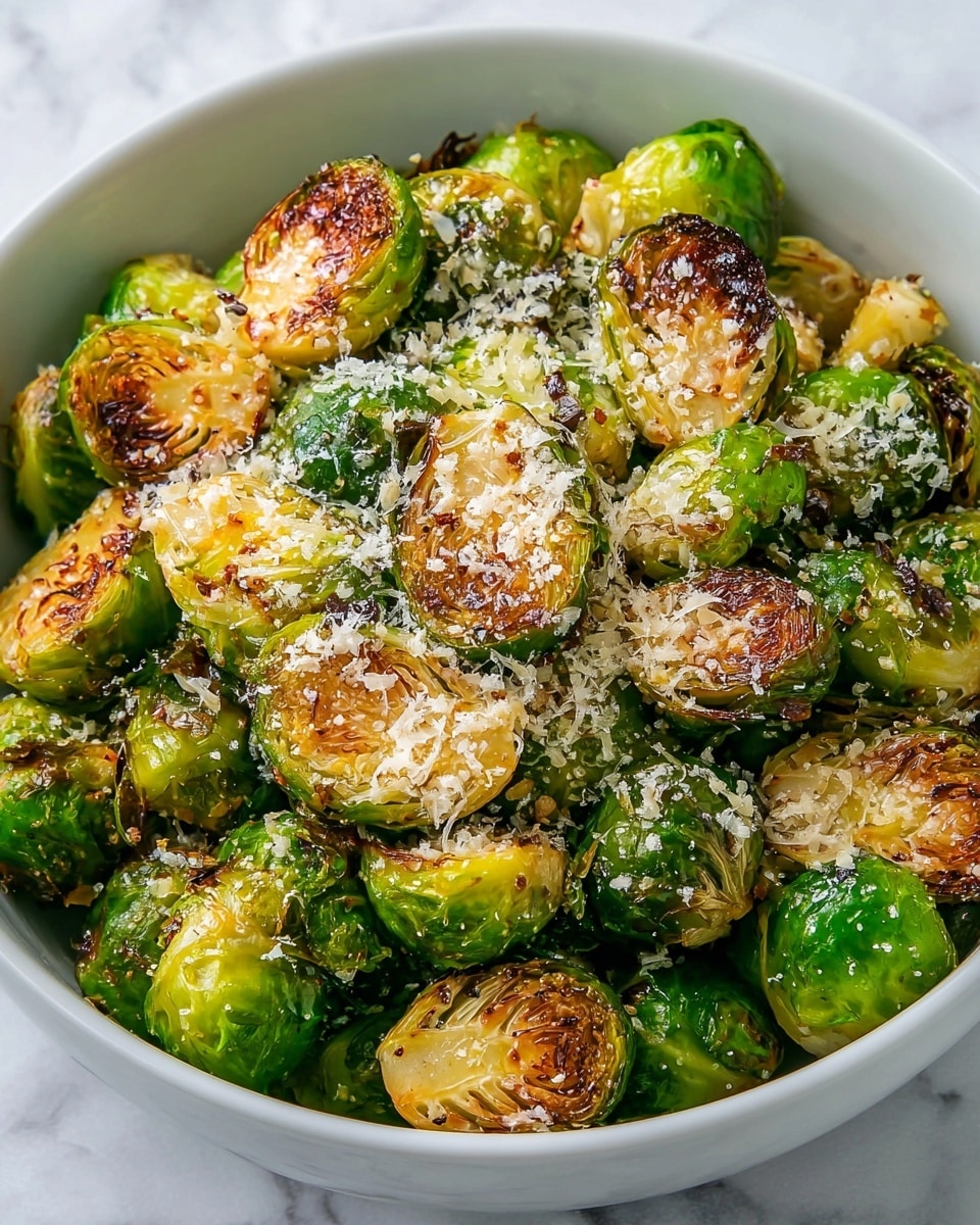 A white bowl full of roasted Brussels sprouts, with a mix of whole and halved pieces. The Brussels sprouts have a vibrant green color with browned, crispy edges showing a light char from roasting. On top, there is a generous sprinkle of fine, white grated cheese, adding a textured layer over the sprouts. The background surface is a white marbled texture. photo taken with an iphone --ar 4:5 --v 7