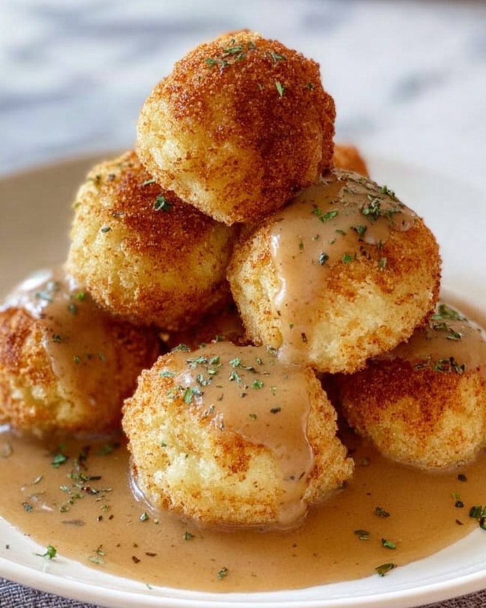 The image shows six round, golden-brown mashed potato balls stacked closely on a white plate, each ball having a crispy, slightly rough outer texture. The potato balls are generously covered with light brown gravy that has a smooth texture and slightly glossy shine, pooling gently on the white plate around the base of the balls. Small green herb pieces are sprinkled on some of the potato balls, adding a touch of color contrast. The background is a white marbled surface, giving a clean and simple look to the setting. Photo taken with an iphone --ar 4:5 --v 7