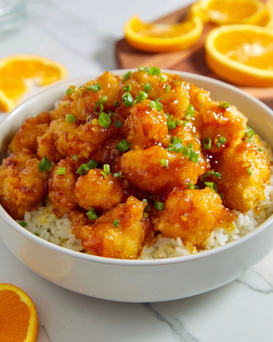 A white bowl filled with three layers: the bottom layer is white rice with a fluffy texture, the middle layer shows a golden, crispy batter-coated chicken, and the top layer is a thick, shiny orange glaze covering the chicken pieces, garnished with small green chopped scallions scattered across; the bowl sits on a white marbled surface with sliced orange rounds visible in the blurred background. photo taken with an iphone --ar 4:5 --v 7