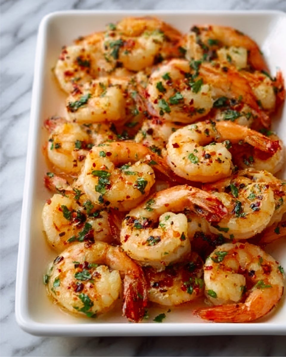 A white tray is filled with one layer of cooked shrimp that are pink-orange with a slight char on the edges. The shrimp are covered evenly with small green herb pieces and red chili flakes, giving a fresh and spicy look. The shrimp's shells are removed except for the tails, which curl up neatly. The background has a white marbled texture. Photo taken with an iphone --ar 4:5 --v 7