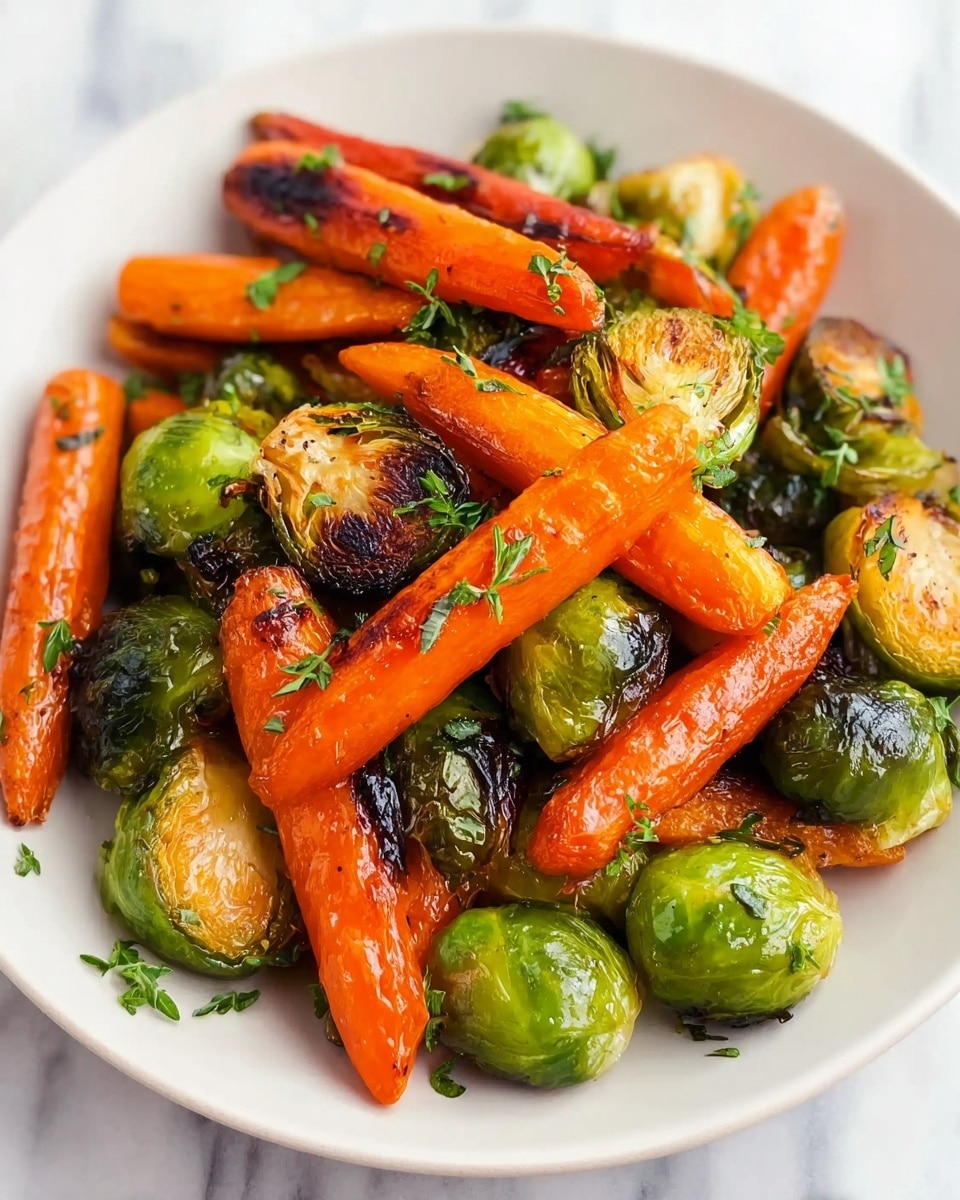 A white plate filled with two layers of roasted vegetables on a white marbled surface. The first layer consists of shiny, bright orange carrot sticks with a slightly charred texture and blistered skin, arranged in different directions. The second layer includes roasted Brussels sprouts, some whole and some halved, showing a caramelized golden-brown interior with green outer leaves. Small green parsley leaves are scattered on top, adding a fresh contrast to the warm colors of the carrots and Brussels sprouts. photo taken with an iphone --ar 4:5 --v 7