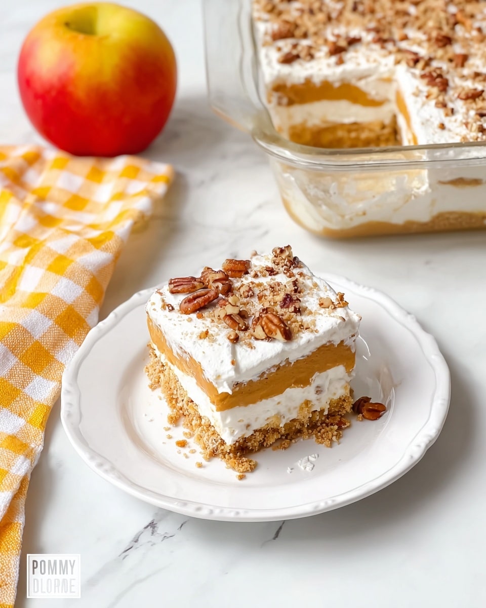A square slice of layered dessert sits on a white plate with gentle ridges at the edges. The dessert has three layers: a bottom crumbly golden crust, a thick smooth light cream layer in the middle, and a top fluffy white whipped cream layer sprinkled with chopped brown nuts. The plate is placed on a white marbled surface with some crumbs around the slice. In the background, there is a rectangular glass dish filled with the same layered dessert topped with whipped cream and nuts, and a red apple rests near a yellow and white striped kitchen towel. photo taken with an iphone --ar 4:5 --v 7