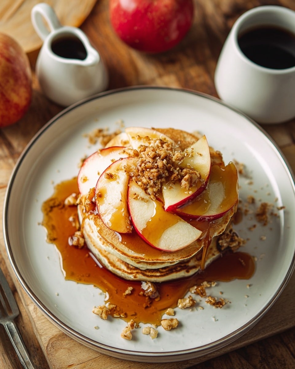A stack of three golden brown pancakes sits in the center of a white plate with a thin silver rim. Between each pancake layer, thin slices of red apple with white flesh are visible. On top, there are two slices of apple covered in a thick drizzle of amber syrup and sprinkled with small clusters of granola. The plate is placed on a wooden surface with a cup of coffee, a small white syrup pitcher, and a red apple nearby. Photo taken with an iphone --ar 4:5 --v 7