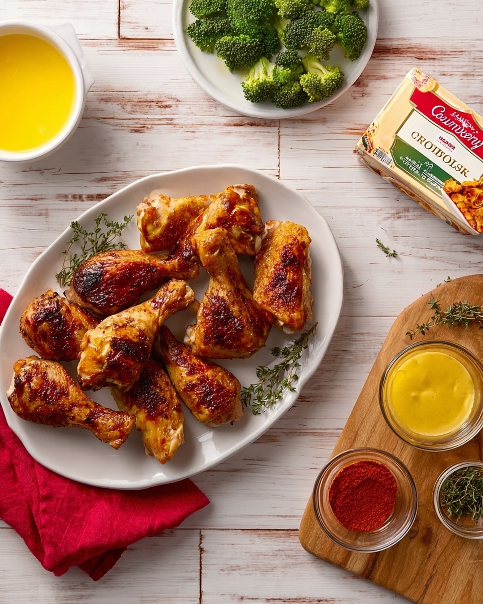 The image shows a white oval plate filled with crispy, golden-brown grilled chicken pieces arranged in a single layer with various cuts including drumsticks, wings, and thighs. To the left of the plate is a small white bowl of melted yellow butter, sitting near a folded red cloth napkin. Above the butter bowl is a small portion of steamed bright green broccoli on a white plate. To the right of the chicken plate is a round wooden board holding two small glass bowls—one filled with vibrant red spice powder and the other with fresh green herbs on top of a yellow base, possibly oil or sauce. The entire scene is set on a white marbled textured surface with warm natural light. Photo taken with an iphone --ar 4:5 --v 7