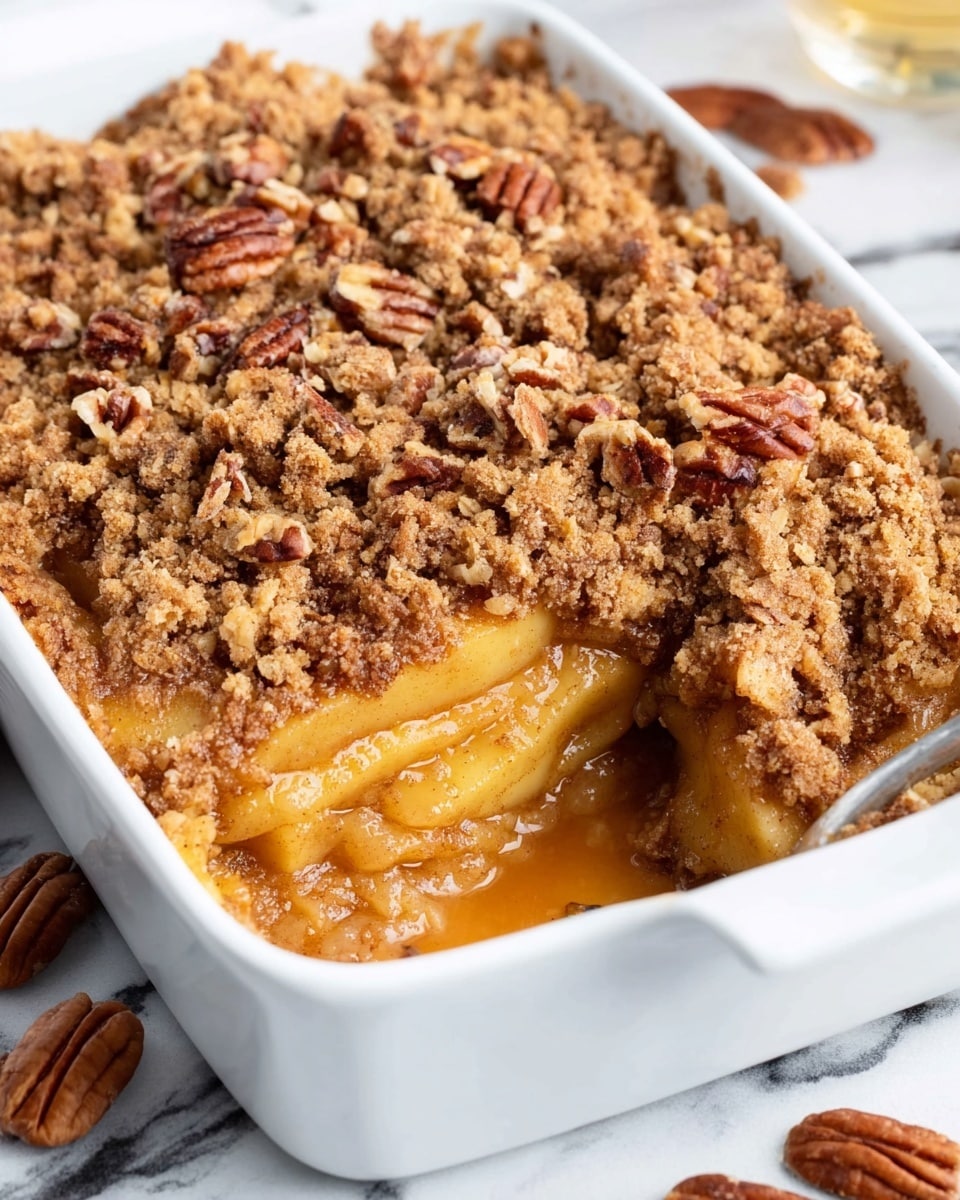 A white rectangular baking dish filled with a cinnamon apple crisp featuring three visible layers: the bottom layer is soft, golden-baked apple slices; the middle layer is a thick, smooth cinnamon sauce coating the apples; the top layer is a crumbly, light brown streusel topped with scattered toasted pecan pieces. A section has been scooped out, revealing the juicy apple texture inside. The dish sits on a white marbled surface with some pecans scattered nearby. photo taken with an iphone --ar 4:5 --v 7