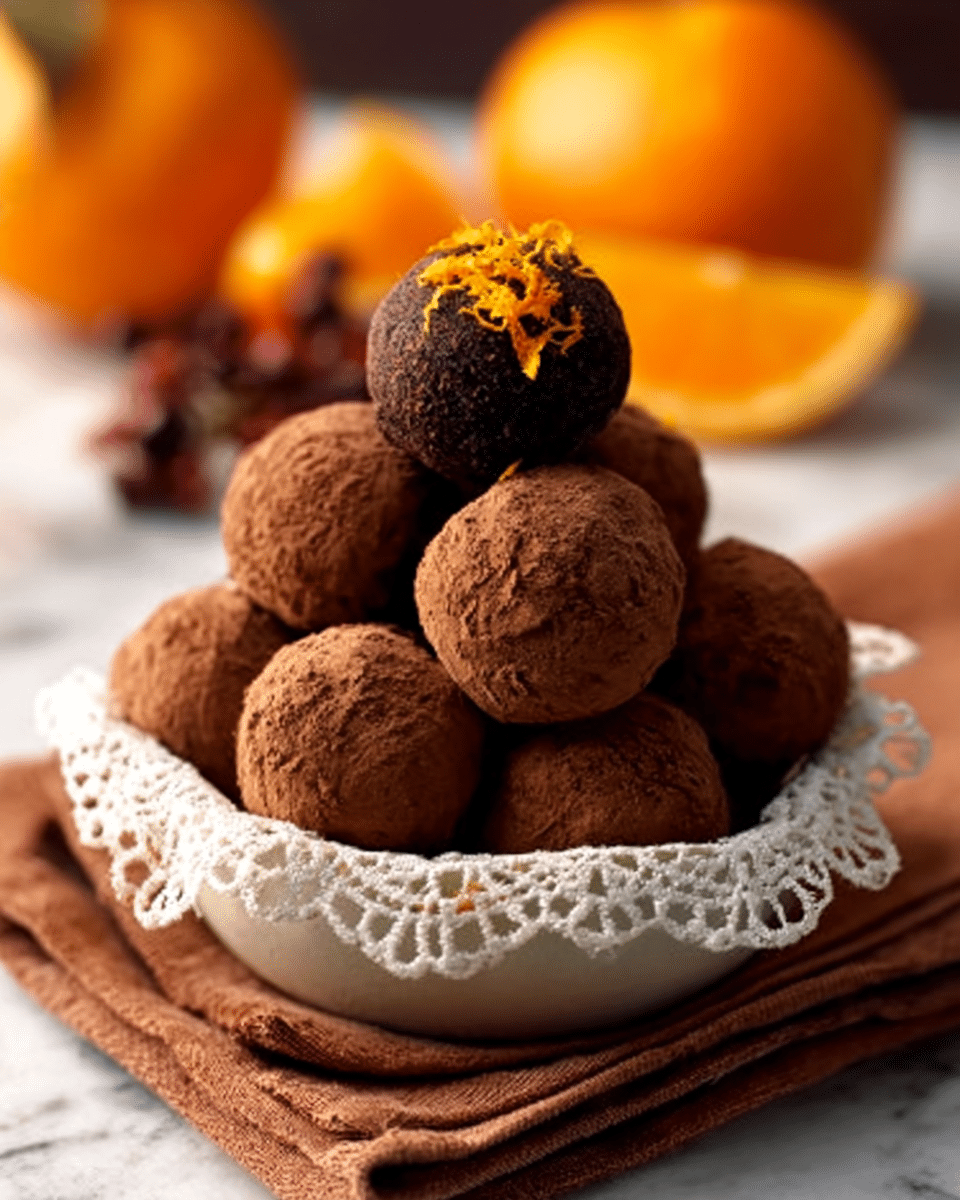 The image shows a small white bowl lined with a delicate white lace doily, filled with six round chocolate truffles stacked in a pyramid shape. Each truffle is coated in a rough, dark brown cocoa powder with one truffle on top decorated with small orange zest pieces. The bowl sits on a folded brown cloth, placed on a white marbled surface. In the background, out of focus, there are orange halves and berries, adding a warm, natural contrast. Photo taken with an iphone --ar 4:5 --v 7