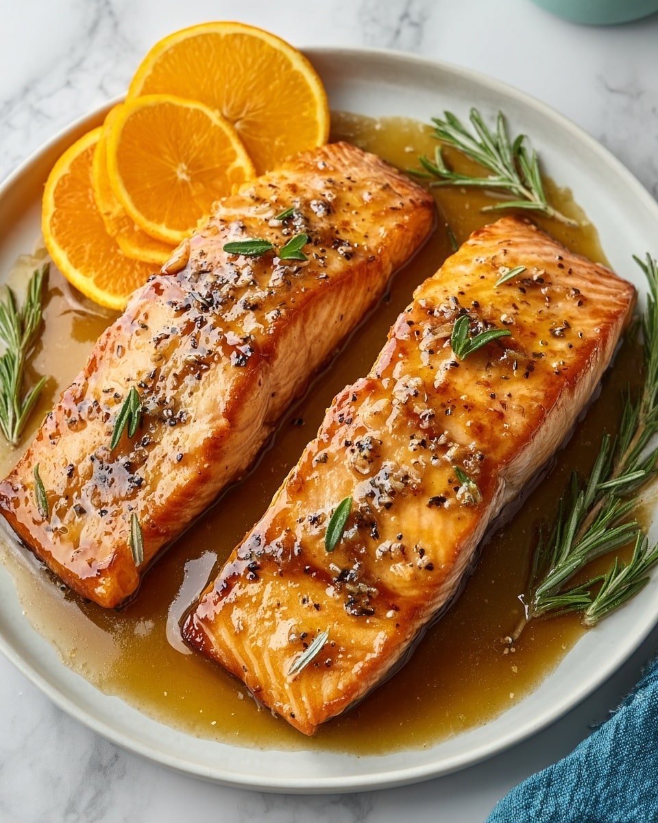Two thick, cooked salmon fillets with a shiny, golden-brown glaze sit side by side on a round white plate. The salmon texture shows light pink and white lines. On top of each fillet, small green rosemary leaves and black pepper are scattered. Around the salmon, light green rosemary sprigs lie in a pool of glossy sauce. At the top edge of the plate, there are two bright orange half slices of orange. The plate is placed on a white marbled surface with a bit of blue cloth showing at the lower right corner. photo taken with an iphone --ar 4:5 --v 7