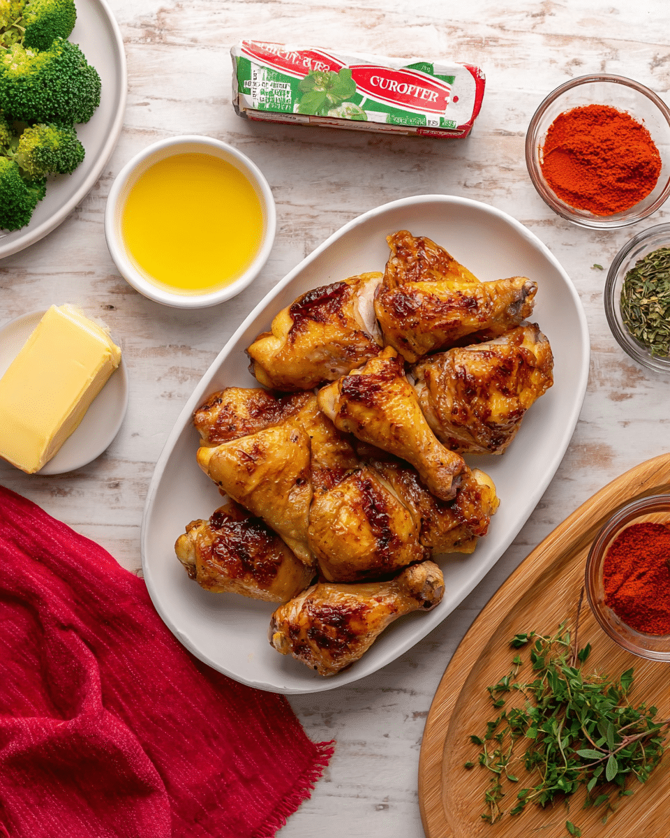 A white oval plate holds ten pieces of cooked chicken with golden-brown crispy skin, showing different cuts like drumsticks, wings, and thighs layered closely together. To the left, a small white bowl contains melted yellow butter, near a stick of salted butter in red, white, and green packaging. Above the butter, a partially visible white plate with fresh green broccoli florets peeks into the frame. On the right side, a round wooden board holds two small clear bowls, one filled with bright red powder and the other with fresh green herbs. The background surface is a white marbled texture, and a folded red cloth napkin is placed on the lower left. Photo taken with an iphone --ar 4:5 --v 7