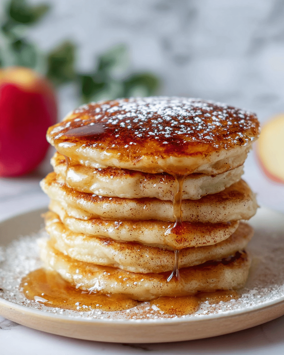 A stack of five golden brown pancakes sits in the center of a white plate, each pancake thick and fluffy with a slightly crispy edge showing light browning. A rich amber syrup is dripping down from the top pancake, flowing slowly over the sides and pooling slightly on the plate. The pancakes have a dusting of light powdered sugar and a sprinkle of cinnamon across their surface, adding texture and color contrast. The background shows a soft focus of a red apple and green leaves against a white marbled texture. photo taken with an iphone --ar 4:5 --v 7