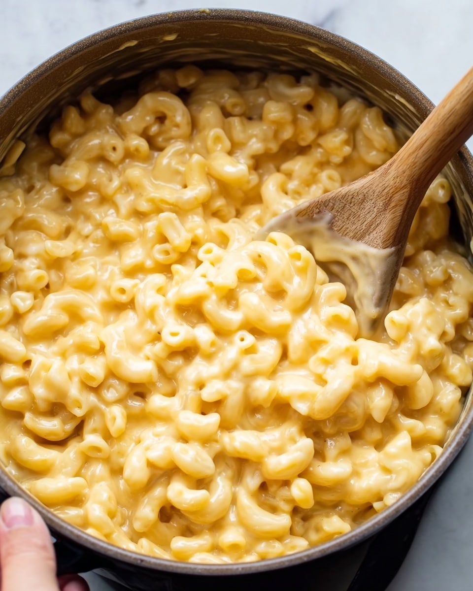 The image shows a close-up of creamy macaroni and cheese in a pot. The dish has small elbow-shaped pasta pieces coated evenly with a thick, smooth yellow cheese sauce that looks rich and shiny. A wooden spoon is stirring the pasta from the left side, with a woman's hand visible holding the spoon handle, gently mixing the cheesy pasta. The background is a white marbled texture. photo taken with an iphone --ar 4:5 --v 7