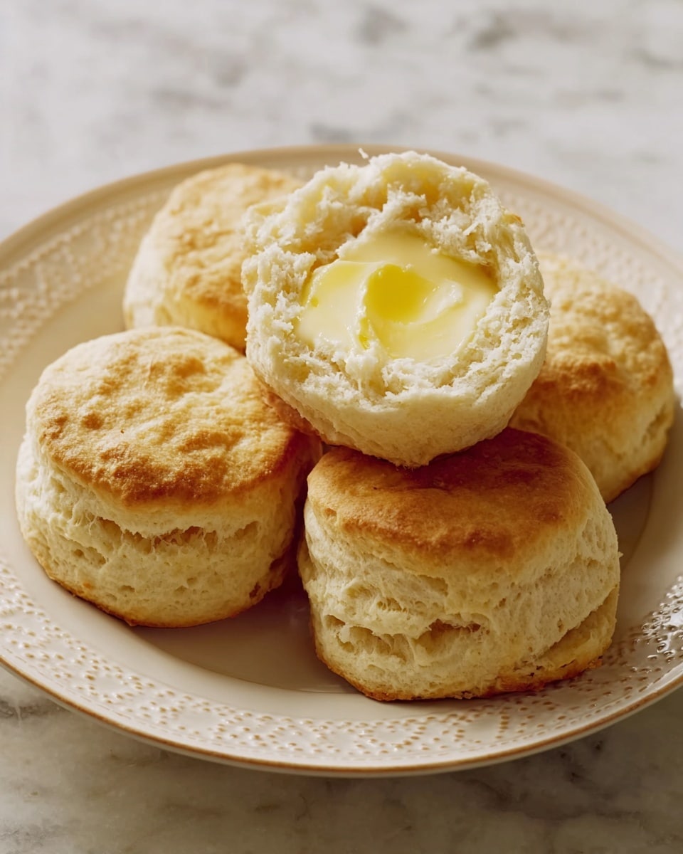 Five light golden brown biscuits are stacked on a white plate with a detailed rim edge. One biscuit is split open and placed on top, showing a soft, crumbly texture inside and a shiny, melting pat of butter in the center. The biscuits have a fluffy, slightly uneven surface with some cracks, giving a homemade look. The plate sits on a white marbled texture. photo taken with an iphone --ar 4:5 --v 7