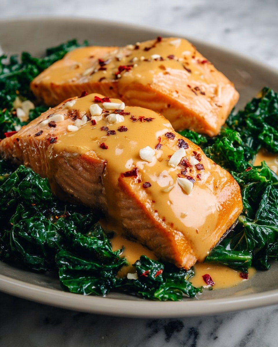 The dish shows two thick pieces of cooked salmon with a light pink and orange color, sitting on a bed of dark green kale leaves. Each salmon piece is covered with a smooth, light brown sauce that looks creamy, topped with small crushed peanuts and red chili flakes. The salmon and kale are served on a white plate with a slightly textured edge, placed on a white marbled surface. The close-up focus highlights the sauce's glossy texture and the soft, flaky salmon beneath. Photo taken with an iphone --ar 4:5 --v 7