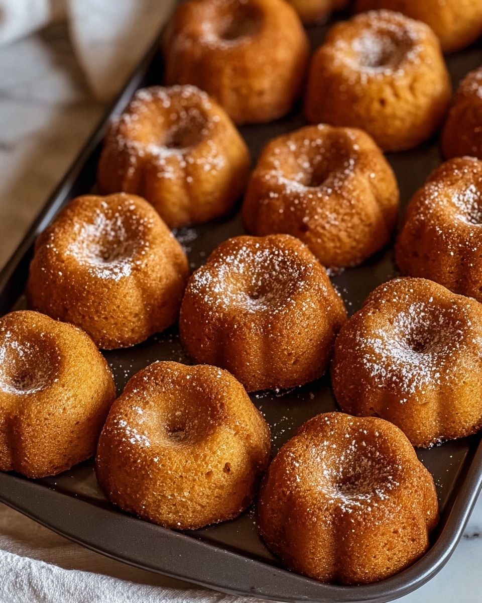 The image shows a baking tray filled with twelve golden brown mini bundt cakes arranged neatly in rows. Each cake has a rough, slightly crumbly texture with a small hollow center and is topped with a light dusting of powdered sugar that adds a soft contrast to the warm orange-golden color. The cakes appear moist and dense with a slight sheen on the surface suggesting they are freshly baked. The tray rests on a white marbled surface with a white cloth subtly visible underneath the tray edges. photo taken with an iphone --ar 4:5 --v 7