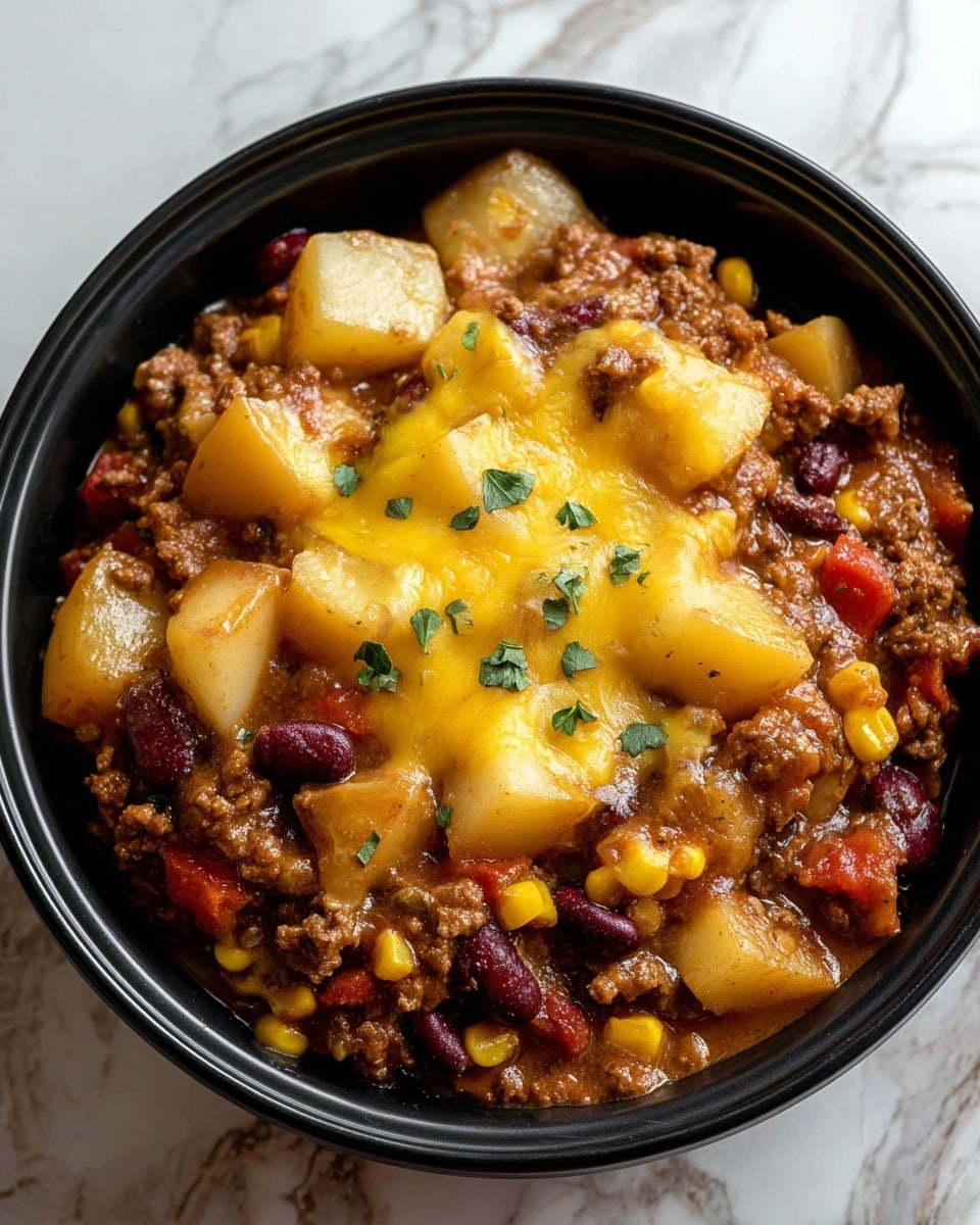 A close-up of a black bowl filled with a layered chili dish. The bottom layer shows chunky pieces of light yellow potatoes mixed with dark red kidney beans and bright yellow corn in a rich brown sauce. Above this is a layer of ground beef cooked in a reddish sauce with visible tomato chunks. The top layer is melted shredded cheese in shades of pale yellow and white, slightly browned in some spots, sprinkled with small green herb leaves. The bowl is placed on a wooden surface. Photo taken with an iphone --ar 4:5 --v 7