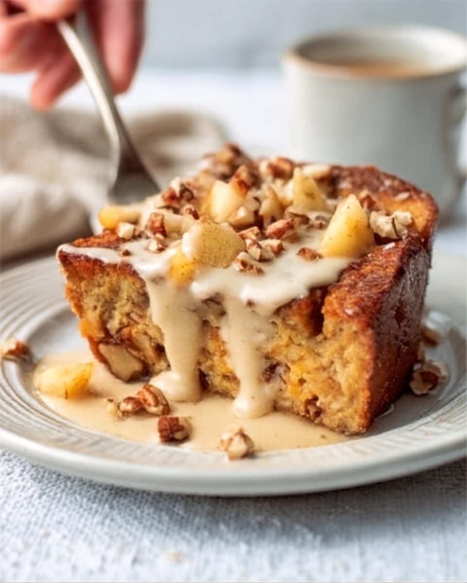 A thick slice of golden brown bread pudding sits on a white plate, showing a slightly crisp outer layer with visible raisins inside. On top, several small cubes of yellow apple are scattered, surrounded by a creamy, light beige sauce that drips down the sides. Small walnut pieces are sprinkled on top and around the pudding, adding texture. The plate rests on a white marbled surface. photo taken with an iphone --ar 4:5 --v 7