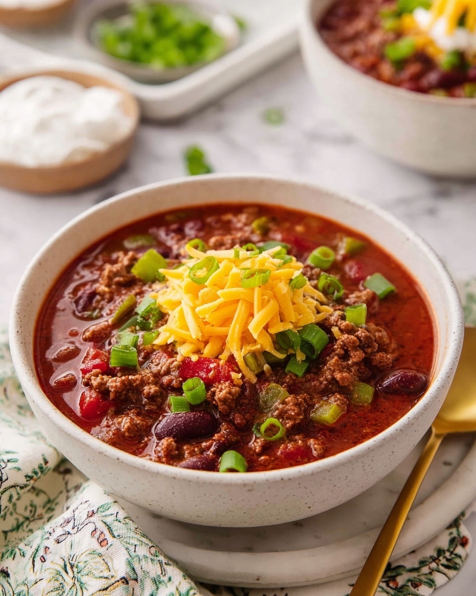 A deep white bowl filled with three layers: the bottom layer is a thick, rich red chili soup with visible chunks of ground meat, dark red kidney beans, and diced tomatoes mixed with green bell pepper pieces. The middle layer has scattered bright green chopped scallions sprinkled on top, adding a fresh touch. The top layer features a generous small heap of bright yellow shredded cheddar cheese sitting in the center. The bowl is placed on a white marbled surface with a soft patterned cloth and a gold spoon nearby, and parts of another similar bowl and a white tray with green onions and sour cream are softly blurred in the background. Photo taken with an iphone --ar 4:5 --v 7