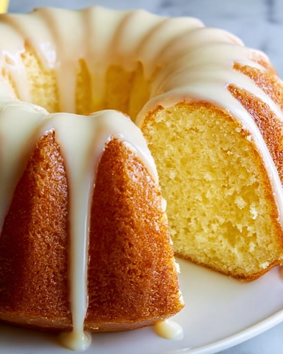 The image shows a close-up of a sliced bundt cake on a white plate, placed on a white marbled surface. The cake has one layer with a golden brown crust and a soft, light yellow inside. Thick white glaze is dripped over the top, smoothly flowing down the sides in thick, shiny streams. The texture of the cake looks moist and fluffy, and the glaze has a glossy, creamy finish that contrasts with the cake’s matte surface. Photo taken with an iphone --ar 4:5 --v 7