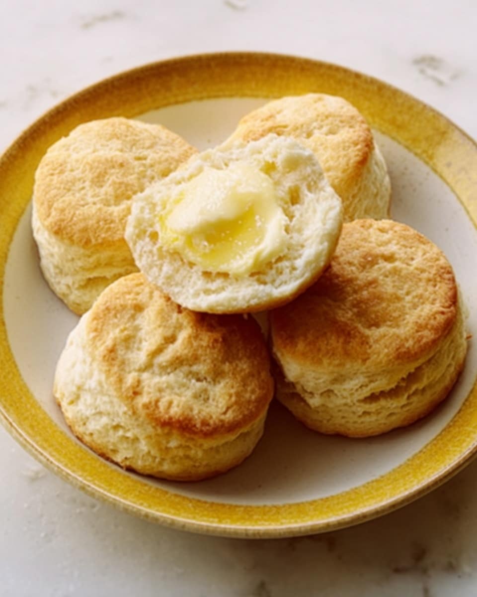 The image shows five golden brown biscuits on a white plate with a yellow rim, placed on a white marbled surface. The biscuits have a light, fluffy texture with a slightly rough top. One biscuit is cut open in the center, revealing a soft, crumbly inside with a small dollop of melting butter on top that adds a glossy shine. The scene is simple and focuses closely on the biscuits, showing detail in their round shape and lightly browned crust. photo taken with an iphone --ar 4:5 --v 7