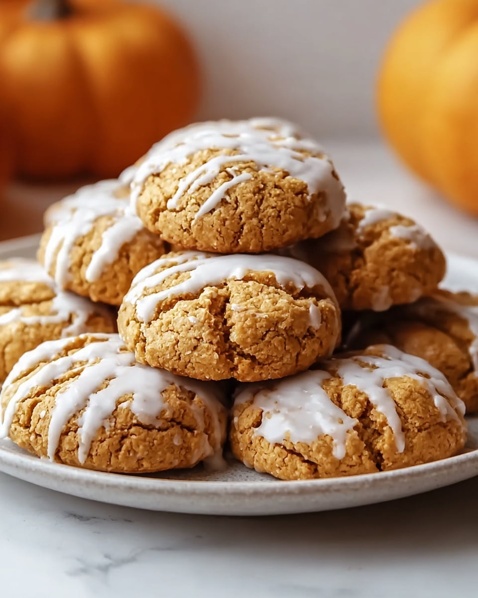 A white plate holds a pile of eight round cookies with a rough, crumbly texture in light brown color. Each cookie is topped with a slightly thick, white icing that drips unevenly down the sides, creating soft streaks. The cookies are stacked in layers, with some overlapping, giving a cozy and abundant look. The background includes soft, blurred shapes of small orange pumpkins and a white marbled surface underneath the plate, adding a warm, autumn feel. photo taken with an iphone --ar 4:5 --v 7