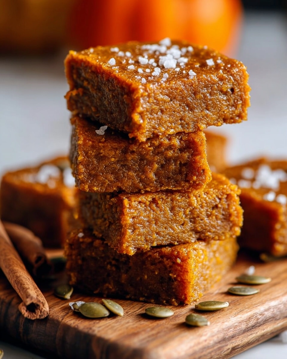 The image shows a stack of four thick, square pumpkin bars with a moist and dense texture, each layer a warm orange-brown color. The top bar is sprinkled with a few white coarse salt grains and green pumpkin seeds, with some seeds also scattered at the base around the stack. The bars sit on a wooden board, set against a white marbled background with soft-focus pumpkins and cinnamon sticks adding a cozy, autumn feel. The lighting highlights the rich, slightly crumbly texture of the bars, making them look soft and inviting. photo taken with an iphone --ar 4:5 --v 7