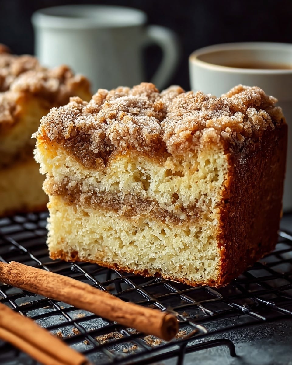 The image shows two slices of crumb cake with three main layers: a dark golden brown crust at the bottom, a thick middle layer of light beige cake with soft crumb texture, and a top layer of crumbly golden-brown streusel sprinkled with powdered sugar. The cake slices rest on a black wire rack, with part of a white cup containing a warm drink and cinnamon sticks in the foreground. The background has a soft focus with a hint of the dark space. photo taken with an iphone --ar 4:5 --v 7