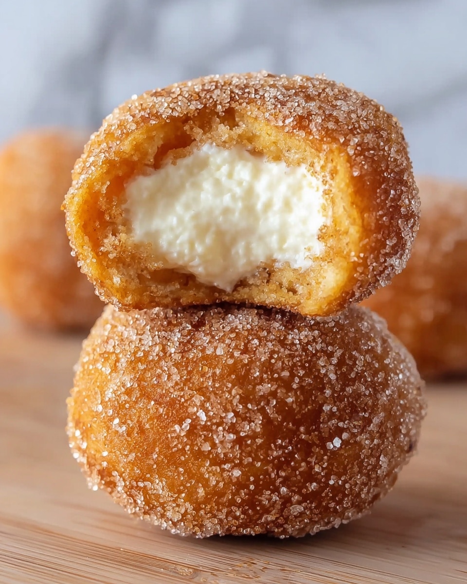 A close-up of two small round doughnuts stacked on each other, both covered in a light layer of granulated sugar mixed with cinnamon, giving a sparkly and textured look; the top doughnut has a bite taken out of it, revealing a thick, smooth white cream filling inside with a soft golden-brown dough surrounding it; the background shows blurred similar doughnuts on a white marbled surface, highlighting the warm colors and sugary texture of the doughnuts. photo taken with an iphone --ar 4:5 --v 7