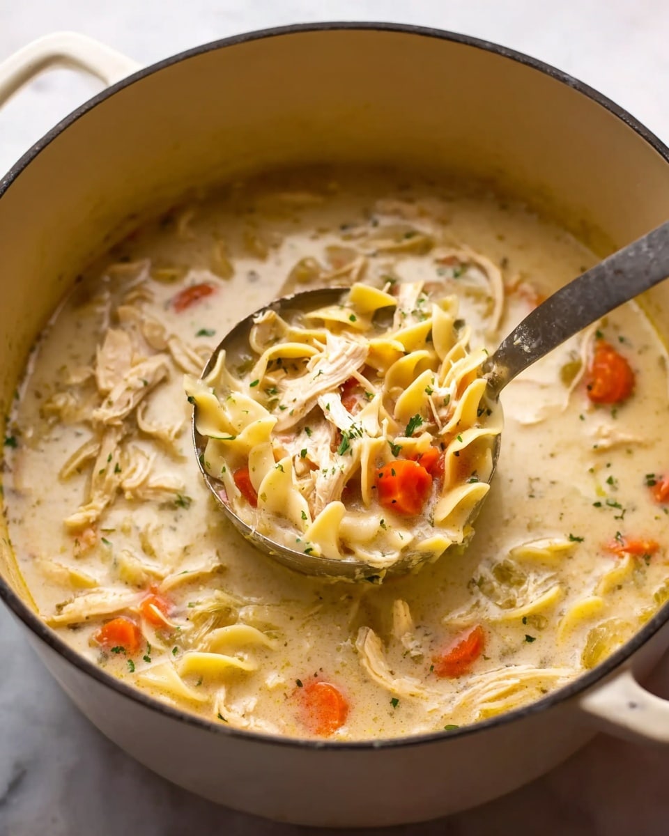 The image shows a large white pot filled with creamy chicken noodle soup, with visible shredded chicken, orange carrot slices, wide egg noodles, and flecks of herbs throughout the thick, pale broth. A metal ladle lifts some soup, prominently displaying a cluster of noodles, chicken, and carrot slices coated in the creamy soup, set against the pot's inside. The soup has a smooth, slightly glossy texture with a mix of light beige and orange colors in the broth and ingredients. The pot is placed on a white marbled surface. photo taken with an iphone --ar 4:5 --v 7