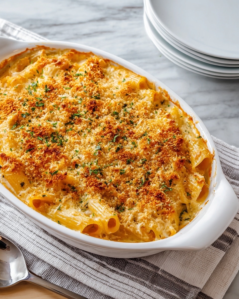 This image shows a white oval baking dish filled with a baked pasta dish. The top layer is golden brown and crispy, covered with breadcrumbs and sprinkled with green herbs. Below the crunchy top, you see a creamy, cheesy sauce with a light yellow color that coats ridged pasta tubes closely stacked inside. The edges of the pasta show a slightly darker baked color, giving a textured look. The dish sits on a white marbled surface, with a white and gray striped cloth and a shiny silver spoon placed near the dish on the left side, while stacks of white plates are on the right. Photo taken with an iphone --ar 4:5 --v 7