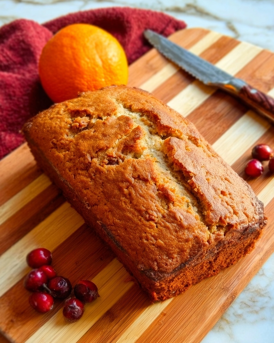 A loaf of brown quick bread with a rough, uneven top crust sits on a light wooden board. To the left of the bread, there is a white plate with several bright red cranberries scattered on it and a whole orange nearby. A knife with a dark handle rests next to the orange on the board. The background is a white marbled texture. photo taken with an iphone --ar 4:5 --v 7