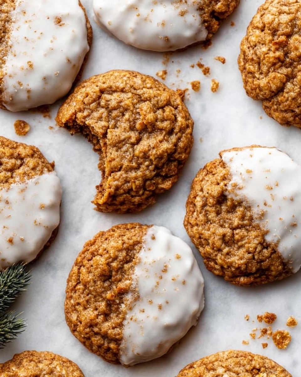 The image shows several round oatmeal cookies spread on a white marbled surface. Each cookie has a rough, textured brown surface with visible oats. Half of the cookies are dipped on one side with a smooth white icing, speckled lightly with dark brown spice powder on the iced side. One cookie is bitten, showing its dense texture inside. The cookies are placed close to each other, with some small crumbs scattered around. A small evergreen branch is seen at the top left corner, adding a touch of green to the scene. photo taken with an iphone --ar 4:5 --v 7
