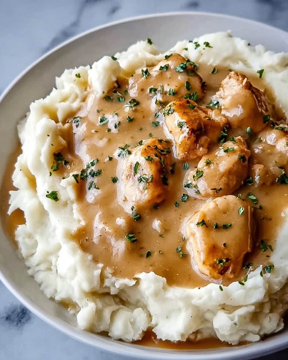 The image shows a close-up of a white plate with creamy mashed potatoes around the edges, light and fluffy in texture with some peaks and swirls. In the center, there is a layer of golden-brown cooked chicken pieces covered with a smooth, light brown gravy sauce. It is topped with small green herb sprinkles scattered evenly over the chicken and sauce. The background is a white marbled texture. photo taken with an iphone --ar 4:5 --v 7
