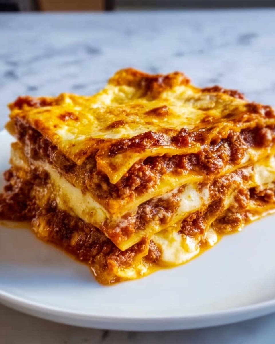 A white plate holds a thick slice of lasagna with five visible layers: the bottom layer is a firm, golden-browned pasta sheet; the second layer is rich, chunky meat sauce with a deep red color and bits of tomato visible; the third layer is creamy, melted cheese that is slightly browned and bubbly; the fourth layer is another pasta sheet, golden and slightly firm; and the top layer is a generous amount of melted cheese that is golden brown and slightly crisp at the edges. The lasagna looks moist with some sauce seeping out at the bottom, and the background is a white marbled texture. photo taken with an iphone --ar 4:5 --v 7