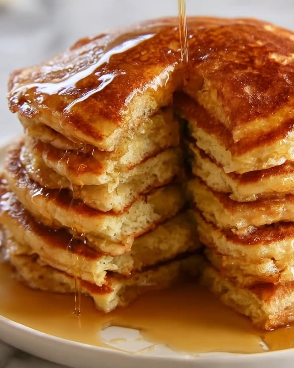 A stack of fluffy pancakes sits on a white plate against a white marbled surface. The stack has about six light brown pancakes with a soft, slightly uneven texture. One pancake is lifted slightly, showing a thick, creamy inside layer. Golden syrup is drizzled over the top, creating shiny pools and thin streams running down the sides. photo taken with an iphone --ar 4:5 --v 7