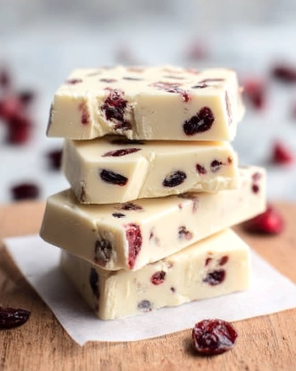 A stack of four rectangular white chocolate bars with dried cranberries mixed inside, showing small dark red spots from the berries. The bars have a smooth texture with some cracks on the sides, and the stack is placed on a small white square paper resting on a wooden surface. The soft lighting highlights the creamy white color and the berries' contrast. The background has a blurred white marbled texture with hints of red in soft focus. photo taken with an iphone --ar 4:5 --v 7